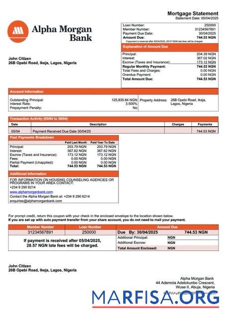 Printable Nigeria Alpha Morgan Bank mortgage statement Word and PDF template